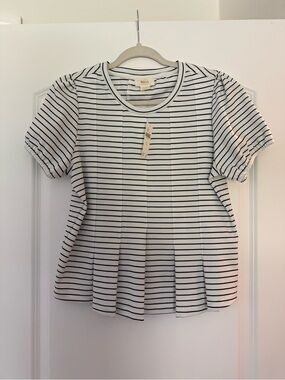 Anthropologie White and Black Striped Pleated Short Sleeve Tee